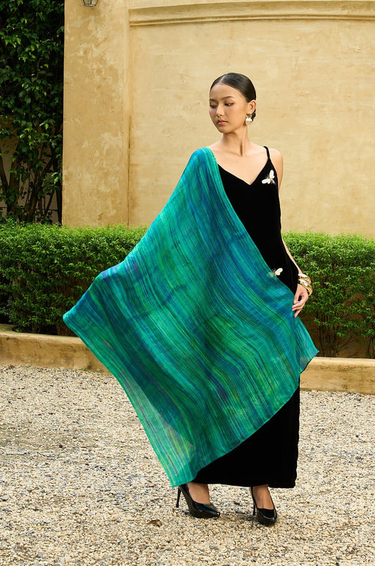 Emerald brushstroke hand-dyed mulberry silk scarf held open full length by Silk & Bears