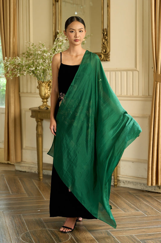 Forest green hand-dyed mulberry silk scarf held open full length by Silk & Bears