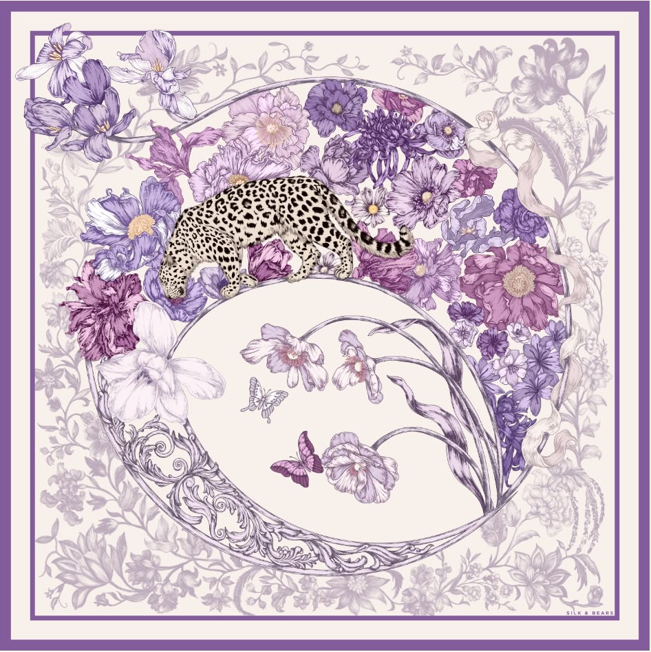 Lilac & Violet Leopard Silk Twill Scarf – Printed Mulberry Silk, Gift for Her