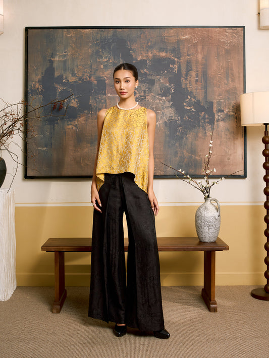 Ophelia golden eclipse draped silk shell top, front view