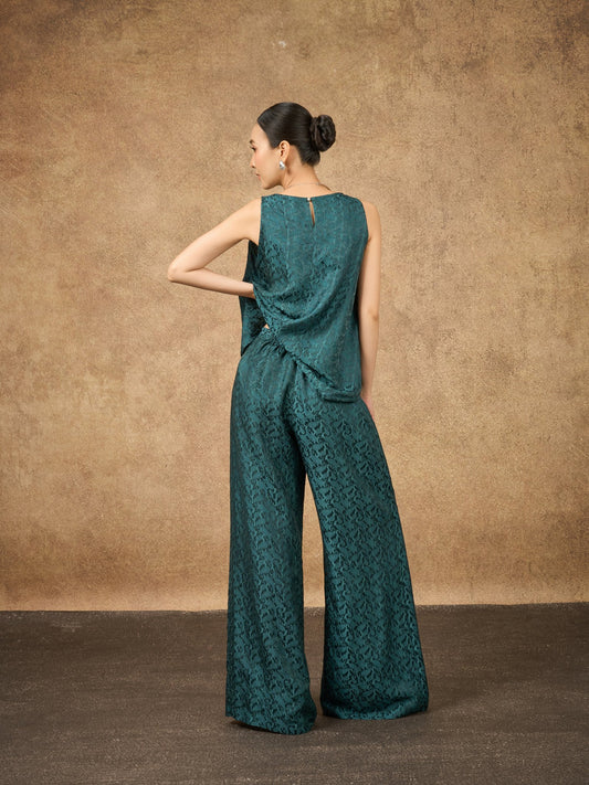 Ophelia teal dynasty wide-leg silk palazzo trousers, front view