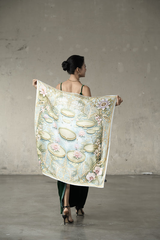Waterlily House Twill Silk Scarf – Printed Mulberry Silk, Botanical Gift for Her
