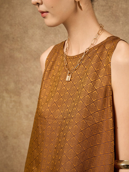 Ophelia bronze gold draped silk shell top, front view