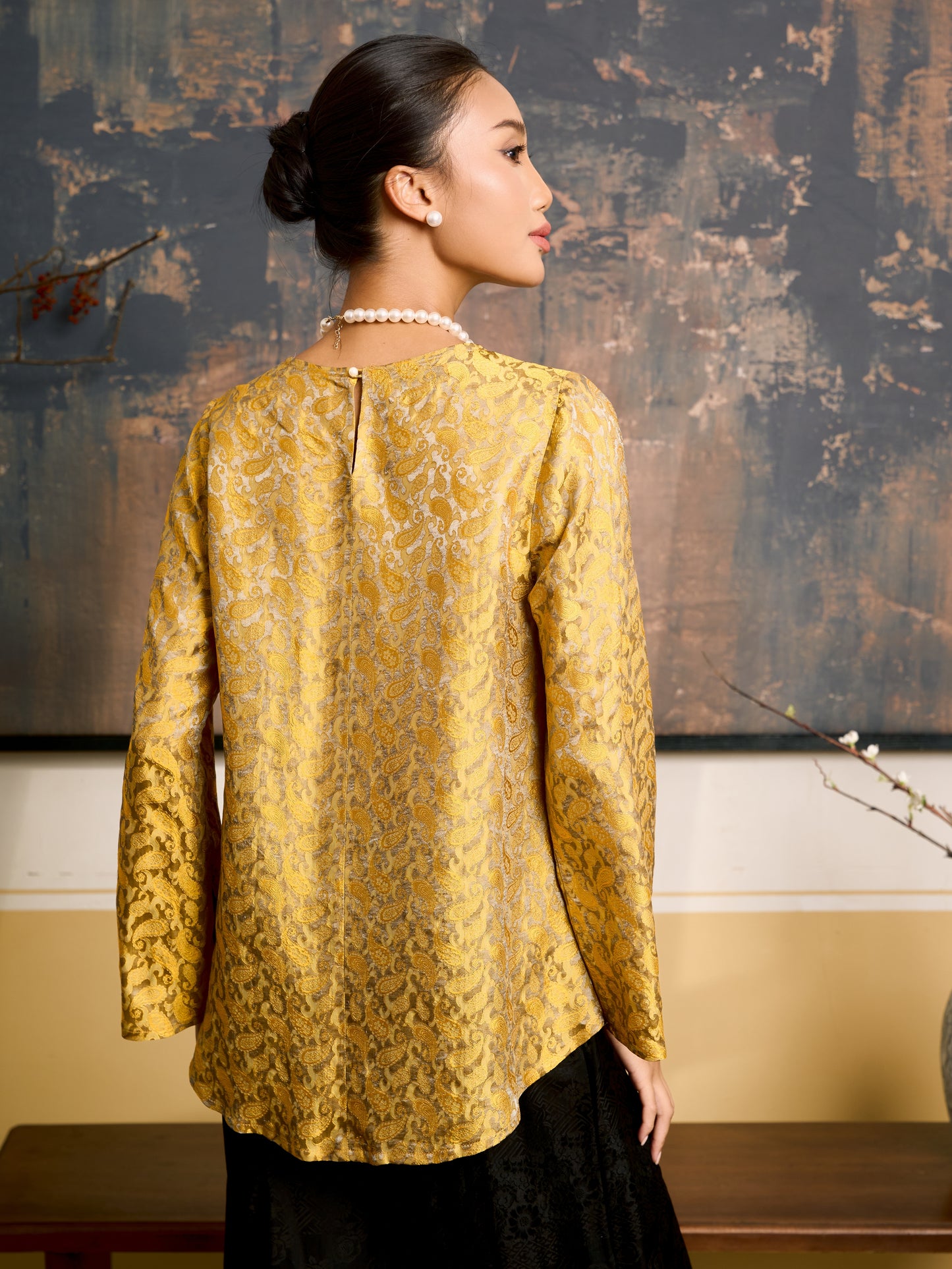 Ophelia golden eclipse draped silk tunic blouse, front view
