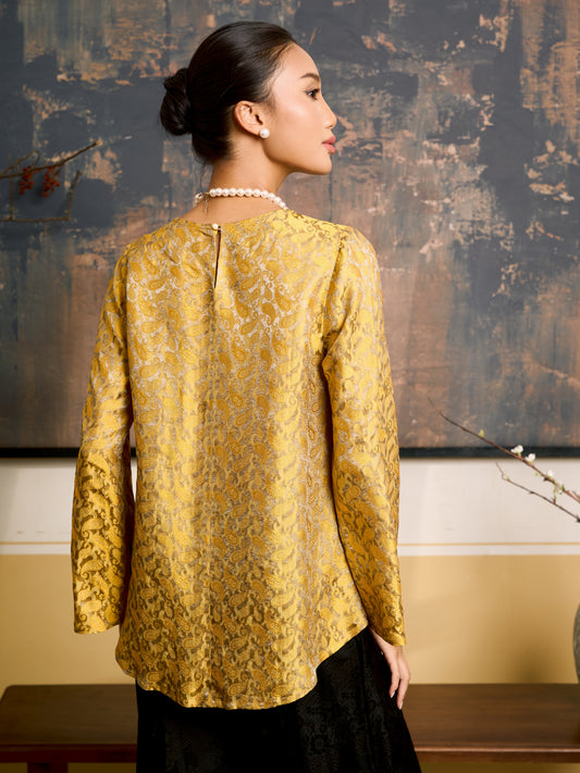 Ophelia golden eclipse draped silk tunic blouse, front view