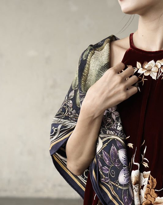 Waterlily House at Night Wool Silk Scarf – Double-Sided Print, Hand-Rolled Hem