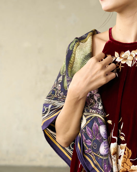 Close detail of the Waterlily House at Night wool silk scarf showing the soft weave and hand-rolled hem