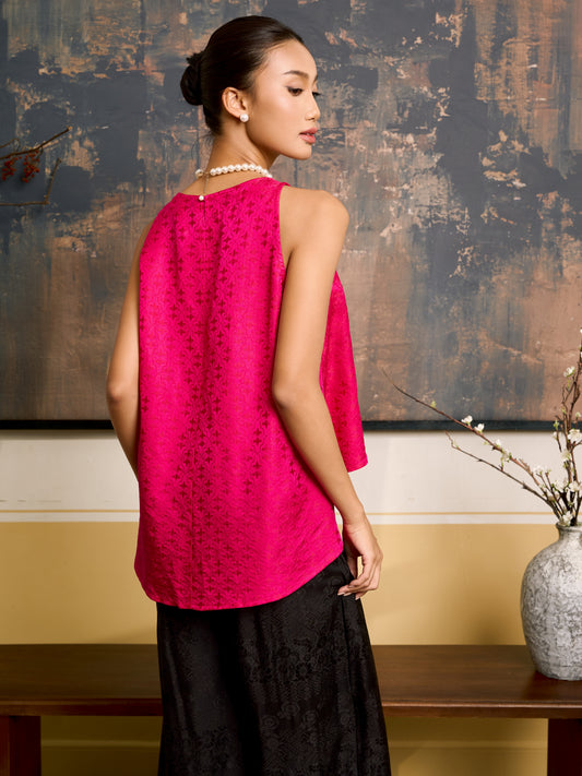 Ophelia fuchsia draped silk shell top, front view