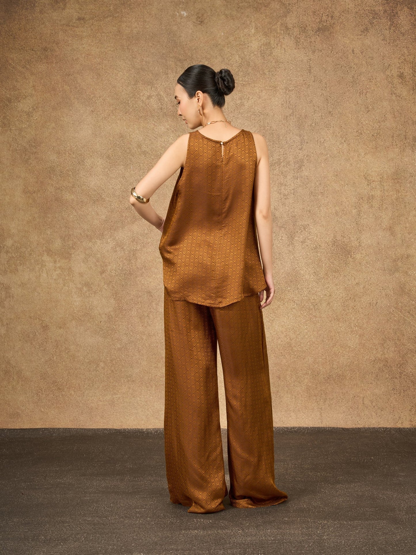 Detail of the Ophelia bronze gold draped silk shell top
