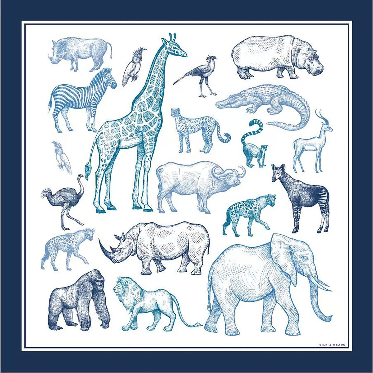 Flat design of the Naturalist's Sketchbook animal print silk scarf showing all twenty engraved blue animals