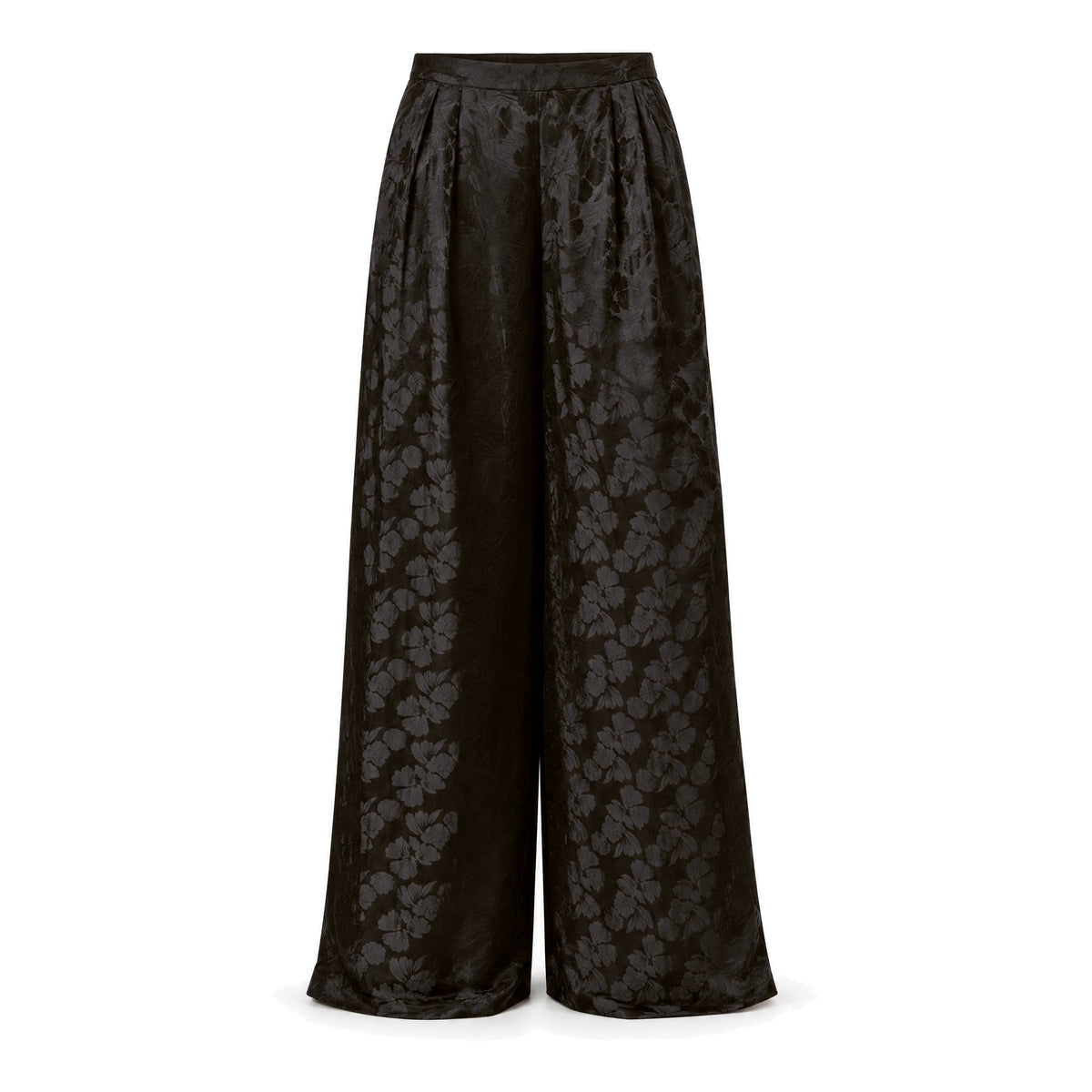 Black floral silk jacquard wide-leg trousers on white background, front view