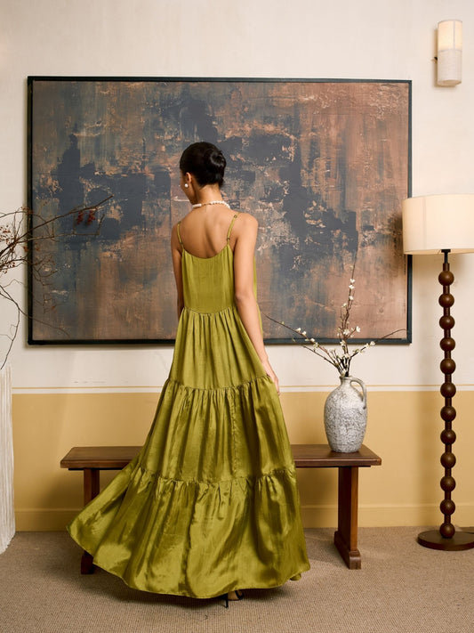 Valentina Olive Gold 100% Habotai Silk Tiered Maxi Dress