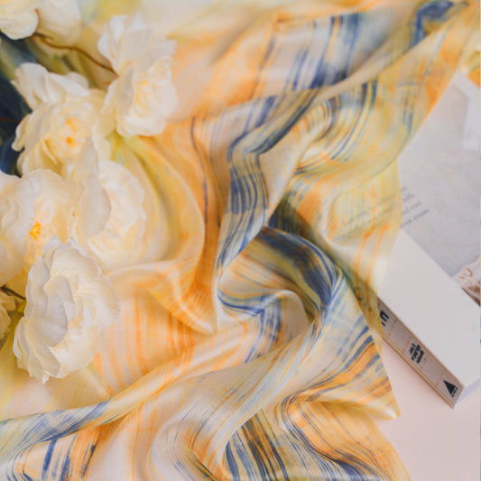 Stripe White Blue Silk Habotai Scarf