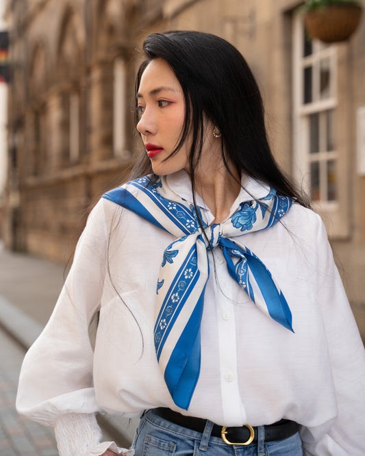 Blue Chinoiserie Birds Twill Silk Scarf – 100% Mulberry Silk- Inspired by Owen Jones’ Grammar of Chinese Ornament
