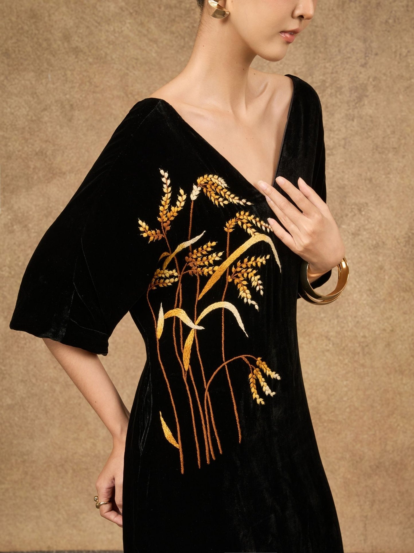 Hand-Embroidered Black & Gold Silk Velvet Sleeve Dress