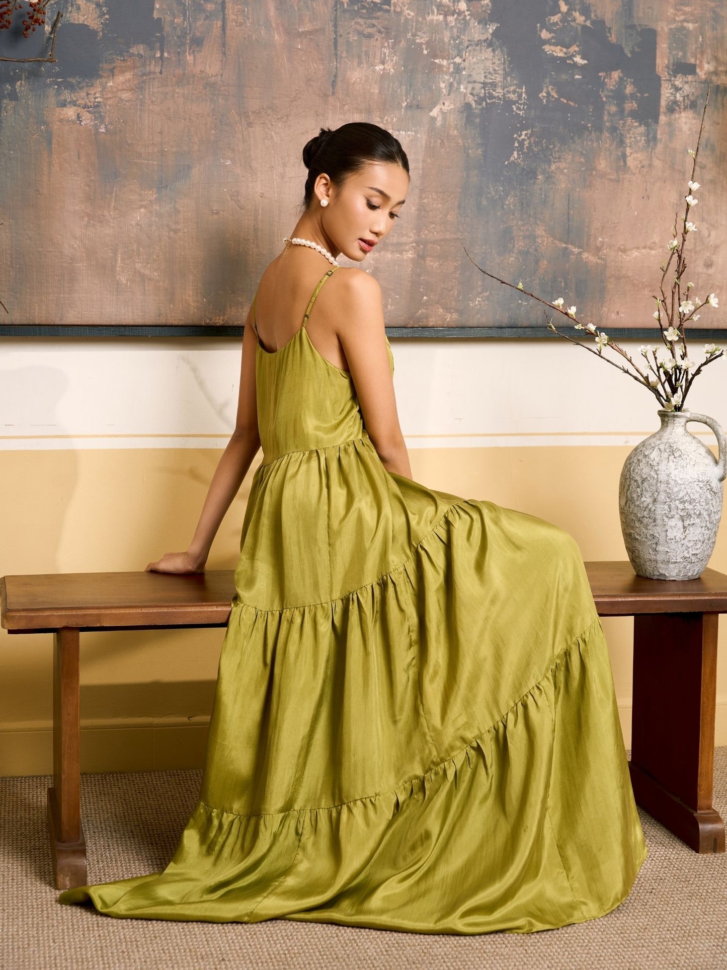 Valentina Olive Gold 100% Habotai Silk Tiered Maxi Dress