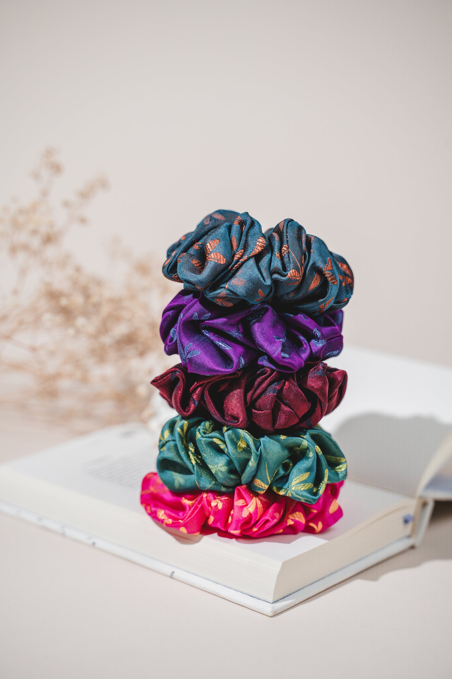Dragonflies silk jacquard scrunchies styled flat, a luxury gift