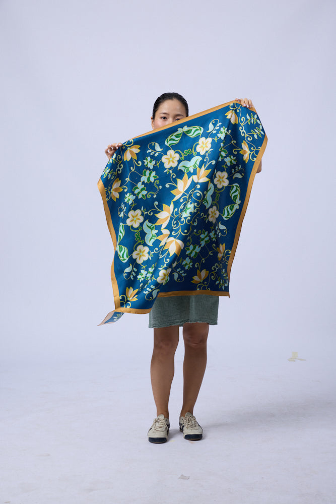 Elegant Navy Lotus Twill Silk Scarf – Refined, Stylish, and Timeless