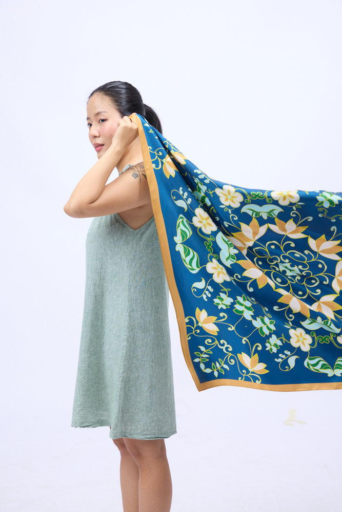 Elegant Navy Lotus Twill Silk Scarf – Refined, Stylish, and Timeless