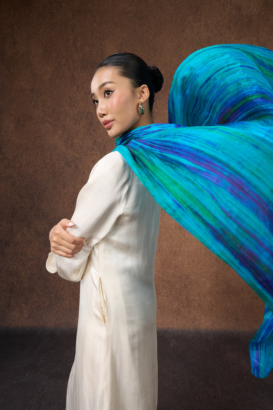 Peacock blue brushstroke hand-dyed mulberry silk scarf by Silk & Bears