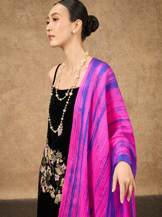 Fuchsia blue brushstroke silk scarf detail, fabric texture and hand-dyed pattern — Silk & Bears