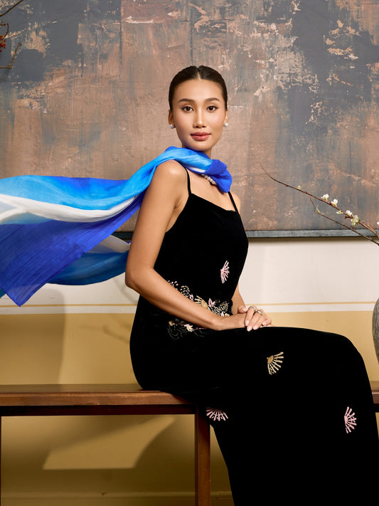 Royal Blue Ombre Silk Scarf – Hand-Dyed Mulberry Silk Shawl, Lightweight Elegant Wrap