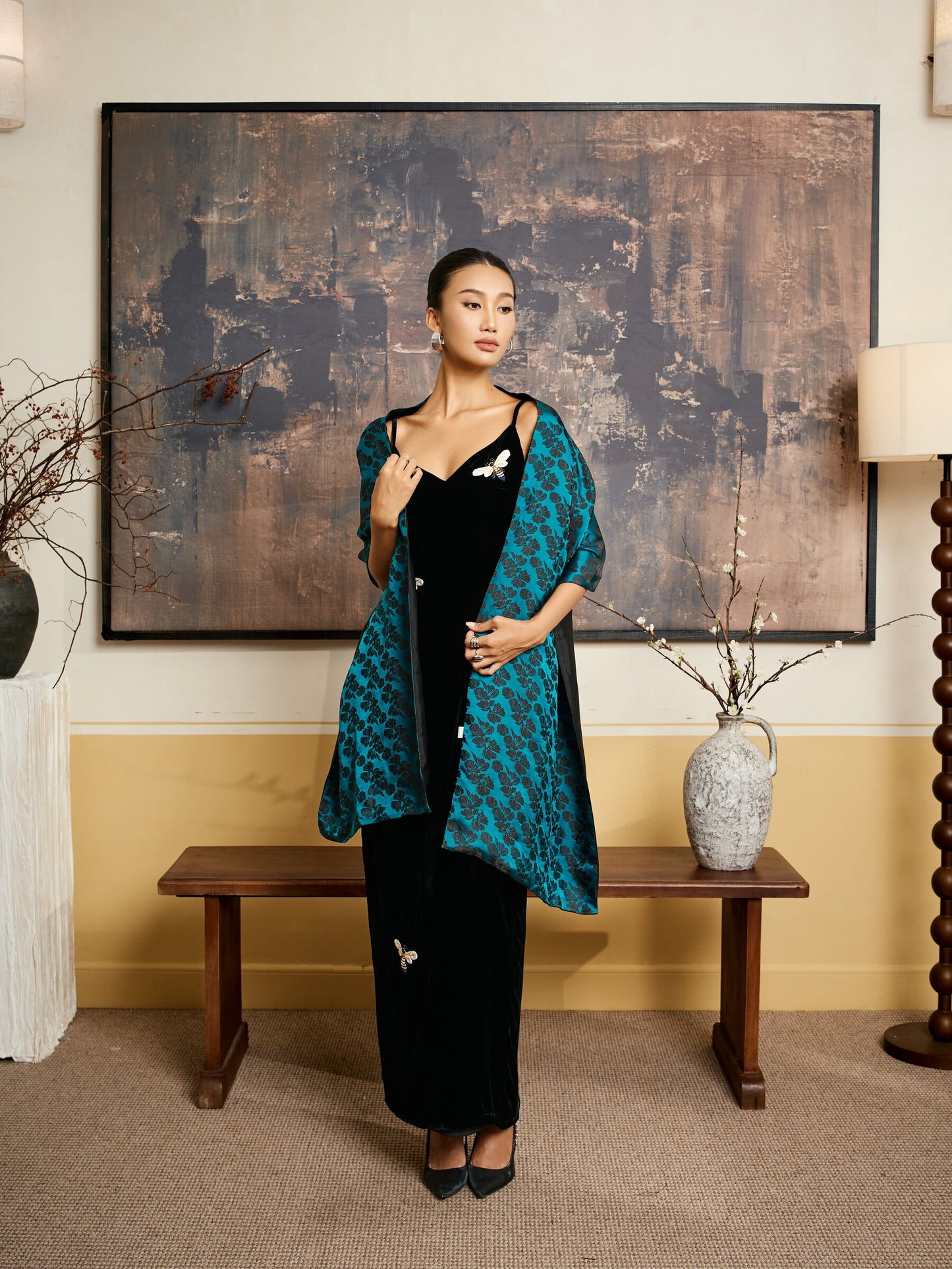 Mallard Green Rose Jacquard Silk Shawl