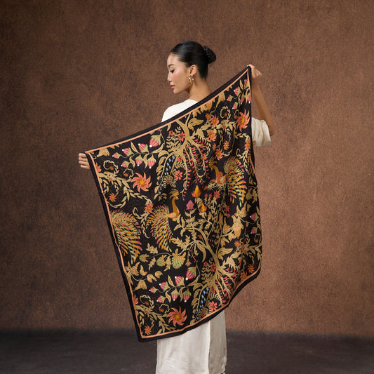 Phoenix Garden Wool Silk Scarf – Hand-Rolled Black Floral Wrap