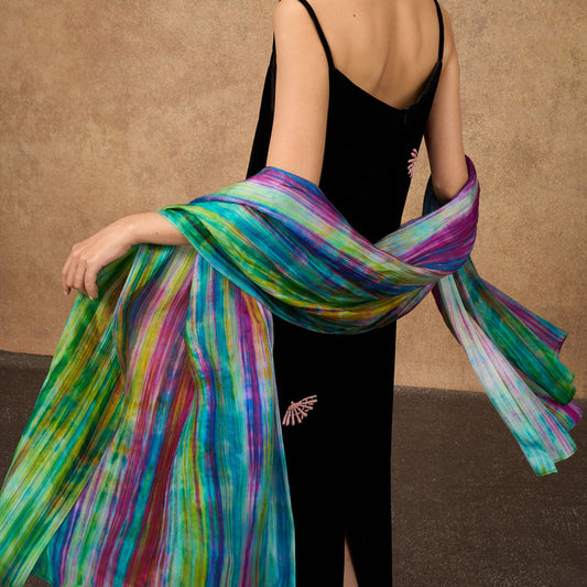 Model wearing hand-dyed silk scarf draped over shoulders — Silk & Bears