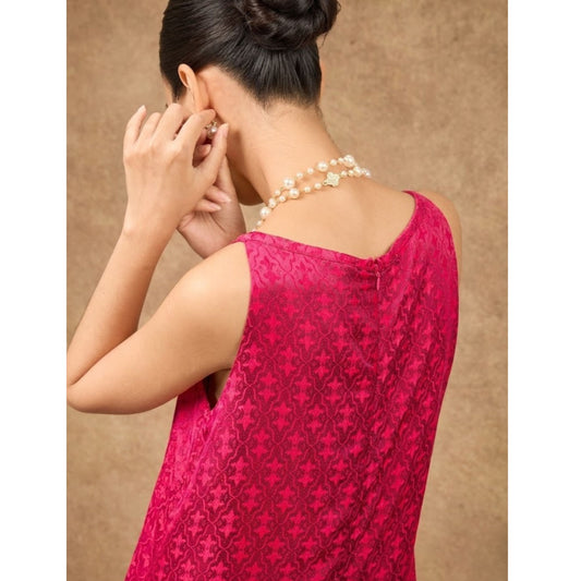 Aurora fuchsia damask hand-dyed silk jacquard maxi dress, front view