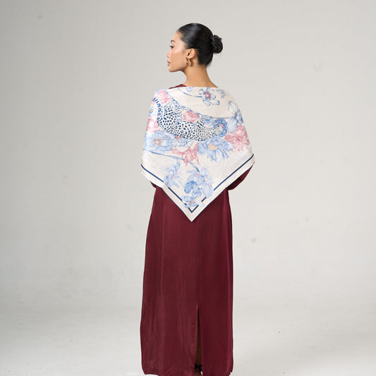 Leopard & Floral Silk Twill Scarf – Hand-Rolled Edges, Blue Blush Ivory