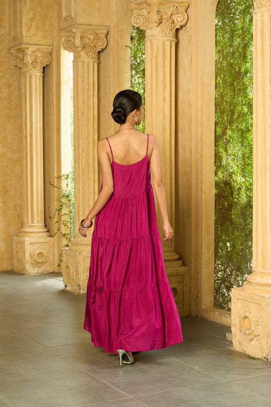 Woman wearing magenta silk tiered maxi dress — Valentina by Silk & Bears