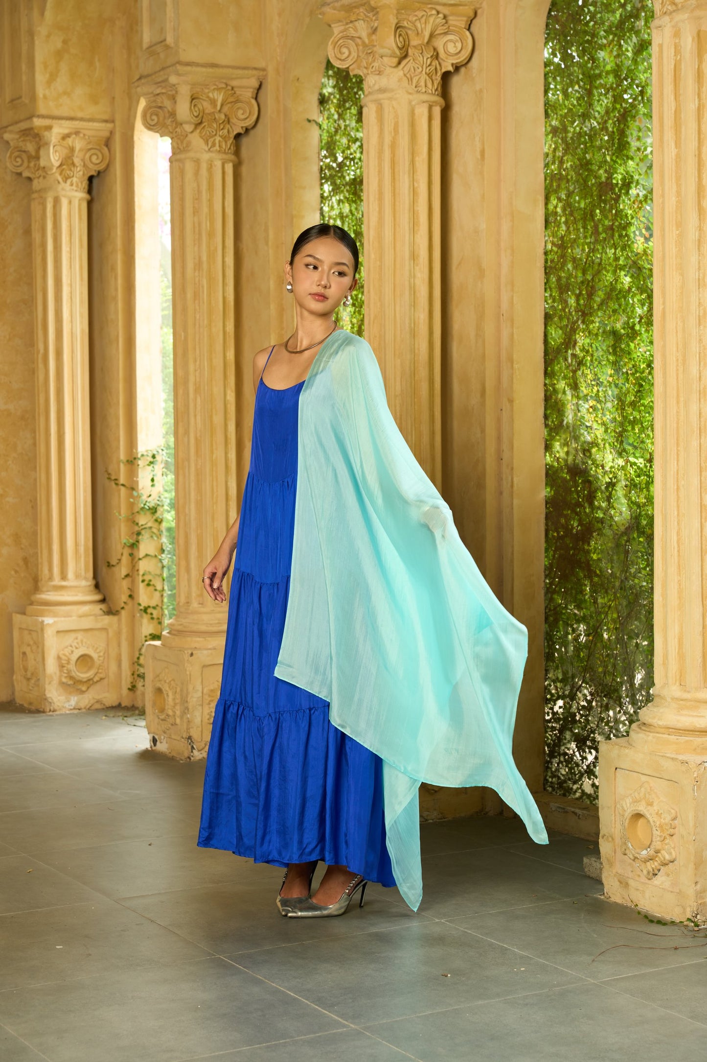 Valentina Royal Blue 100% Habotai Silk Tiered Maxi Dress