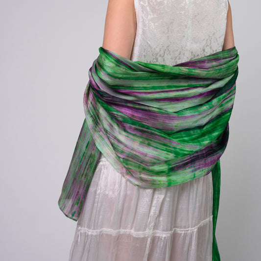 Parrot Green & Pink Brushstroke Silk Scarf – Hand-Dyed 100% Mulberry Silk Wrap | Luxury Artisan Shawl for Women