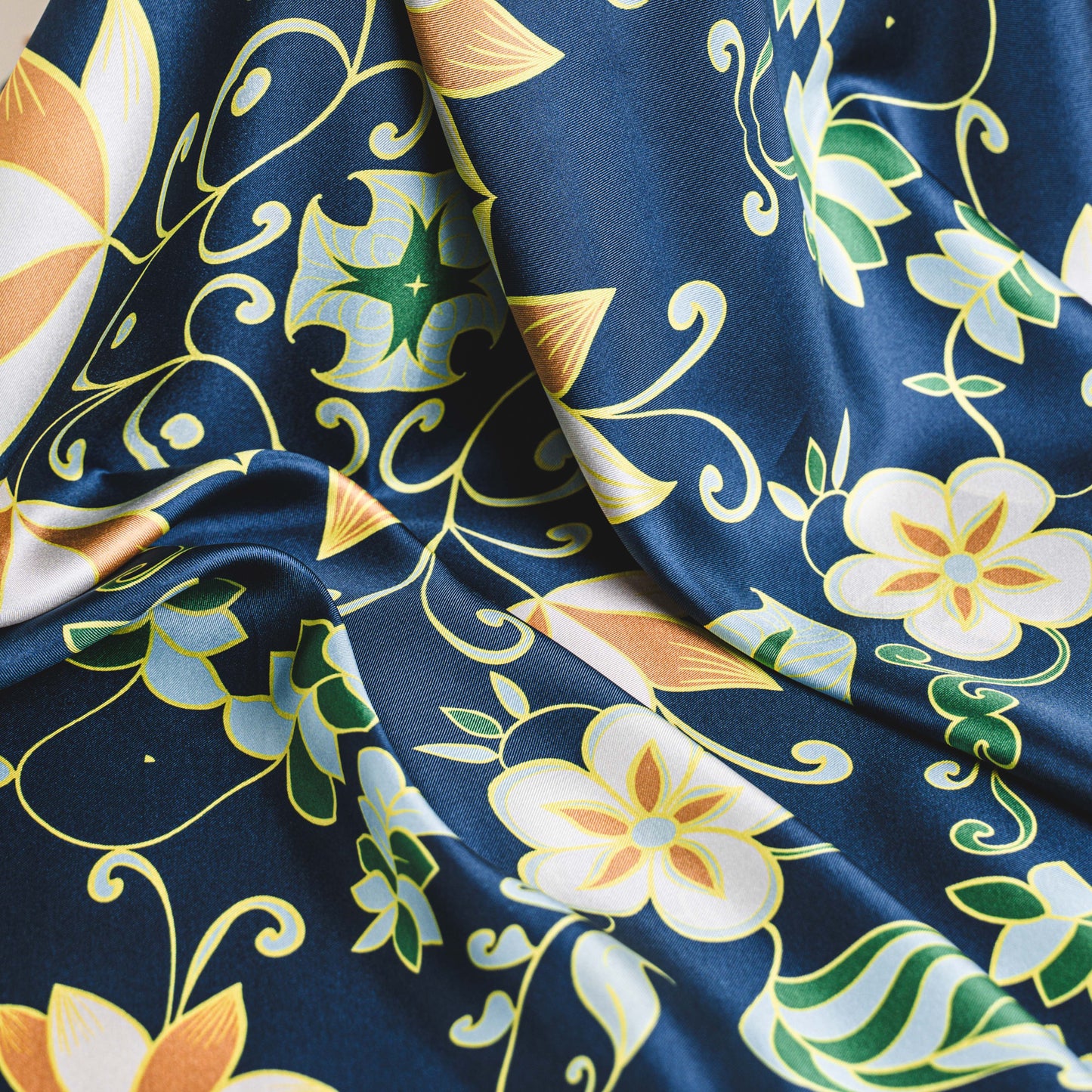 Elegant Navy Lotus Twill Silk Scarf – Refined, Stylish, and Timeless