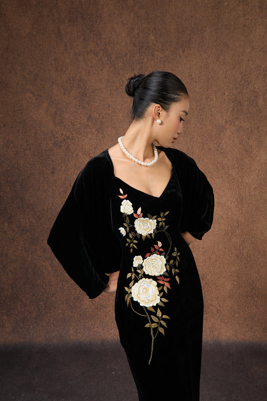 Hand-embroidered black rose silk velvet evening dress, front view