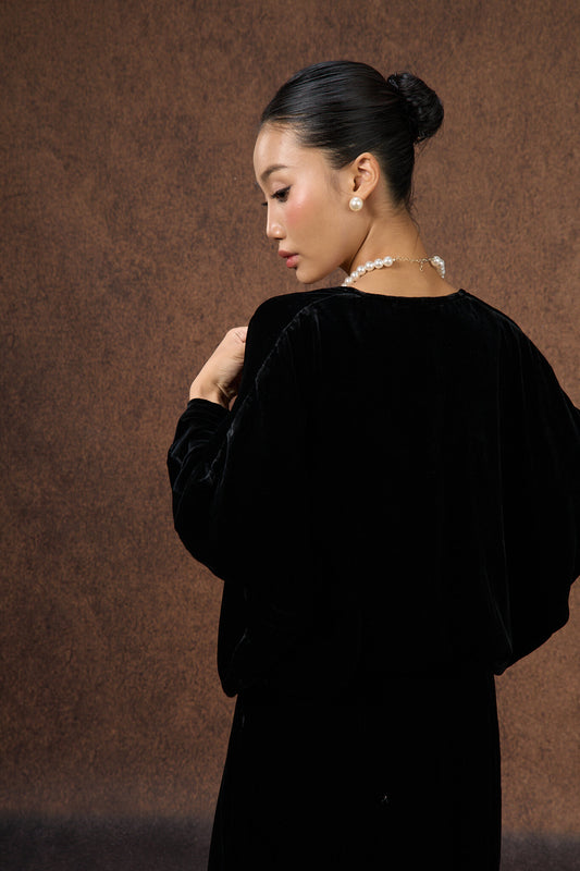 Black silk velvet evening bolero wrap, front view