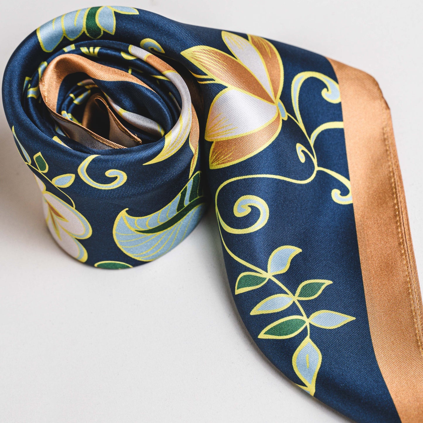 Elegant Navy Lotus Twill Silk Scarf – Refined, Stylish, and Timeless