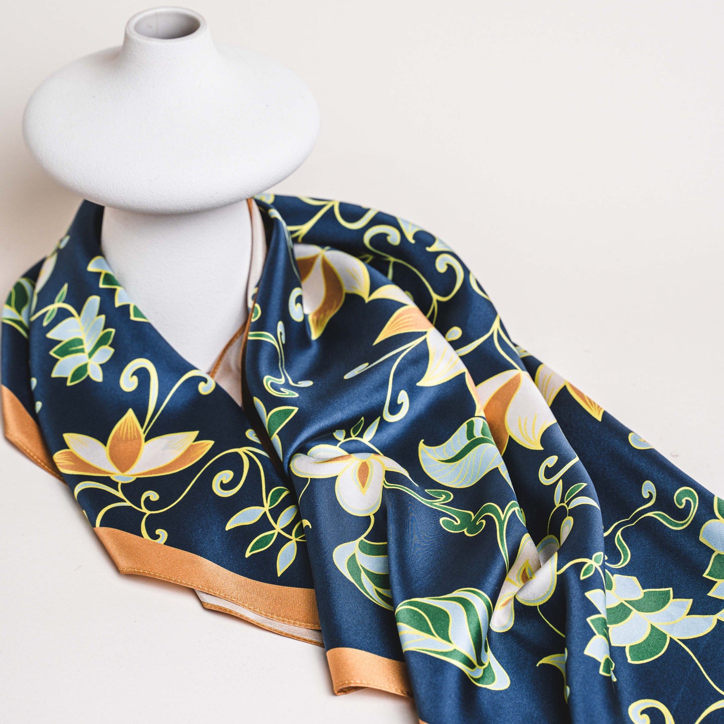 Elegant Navy Lotus Twill Silk Scarf – Refined, Stylish, and Timeless