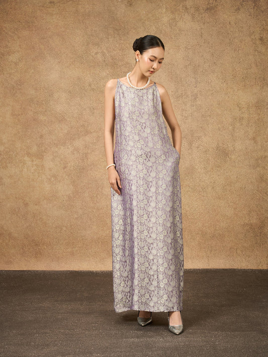 Aurora Moonlit Lilac Hand-Dyed Silk Jacquard Maxi Dress