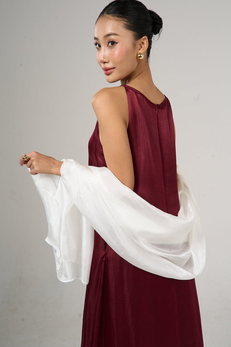 Pearl white hand-dyed mulberry silk scarf worn as a flowing shawl