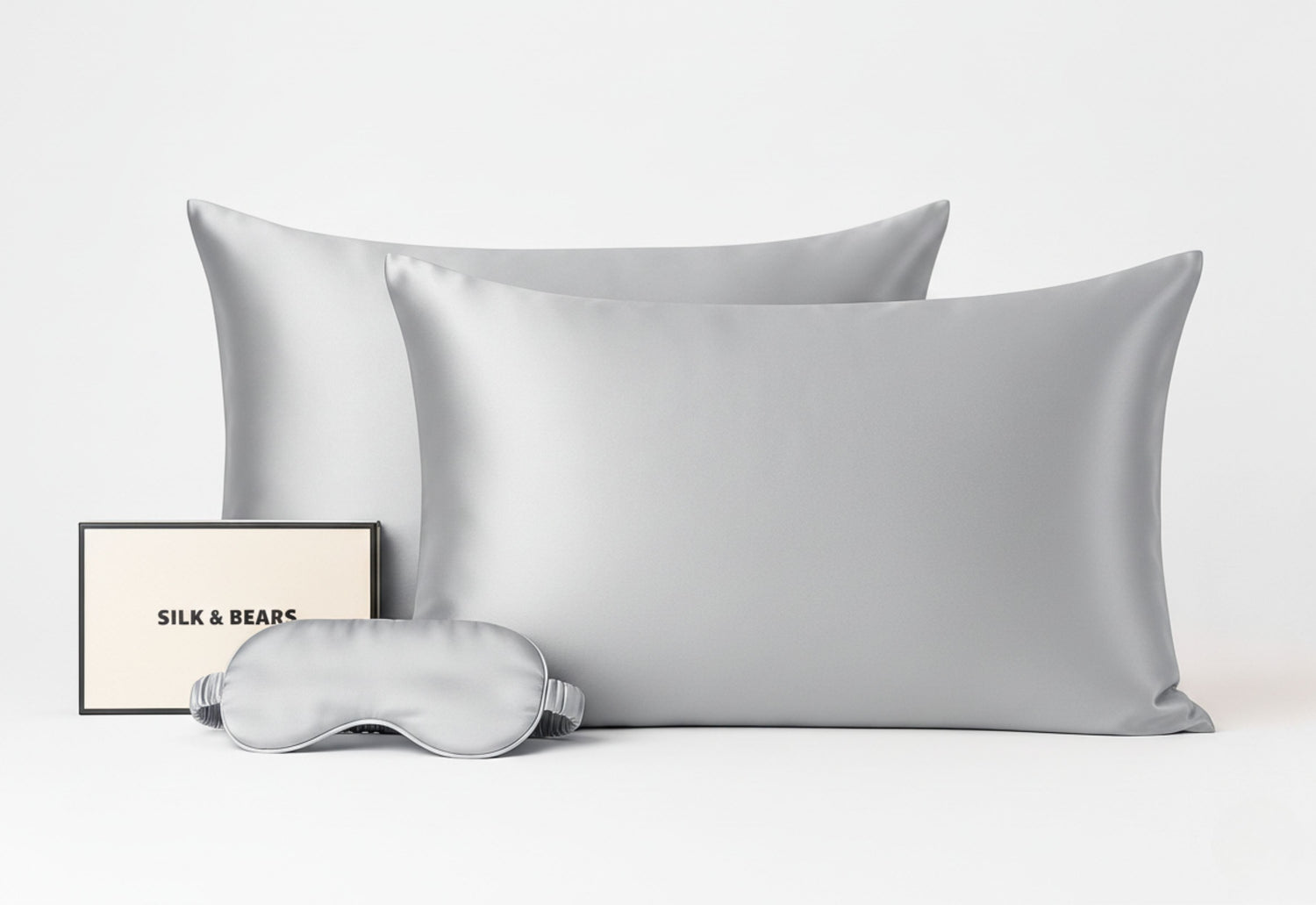 Silver mulberry silk sleep set with two pillowcases and matching eye mask