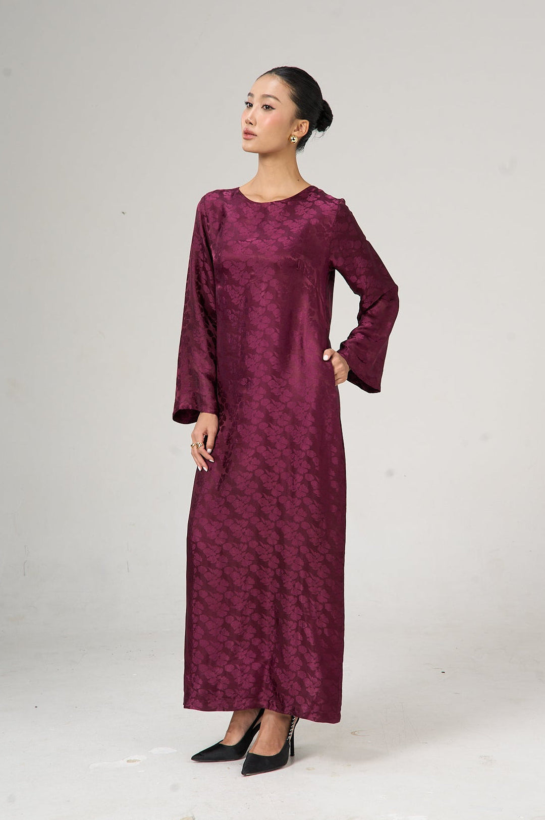 Celeste mulberry bloom silk jacquard maxi dress, handcrafted in Vietnam