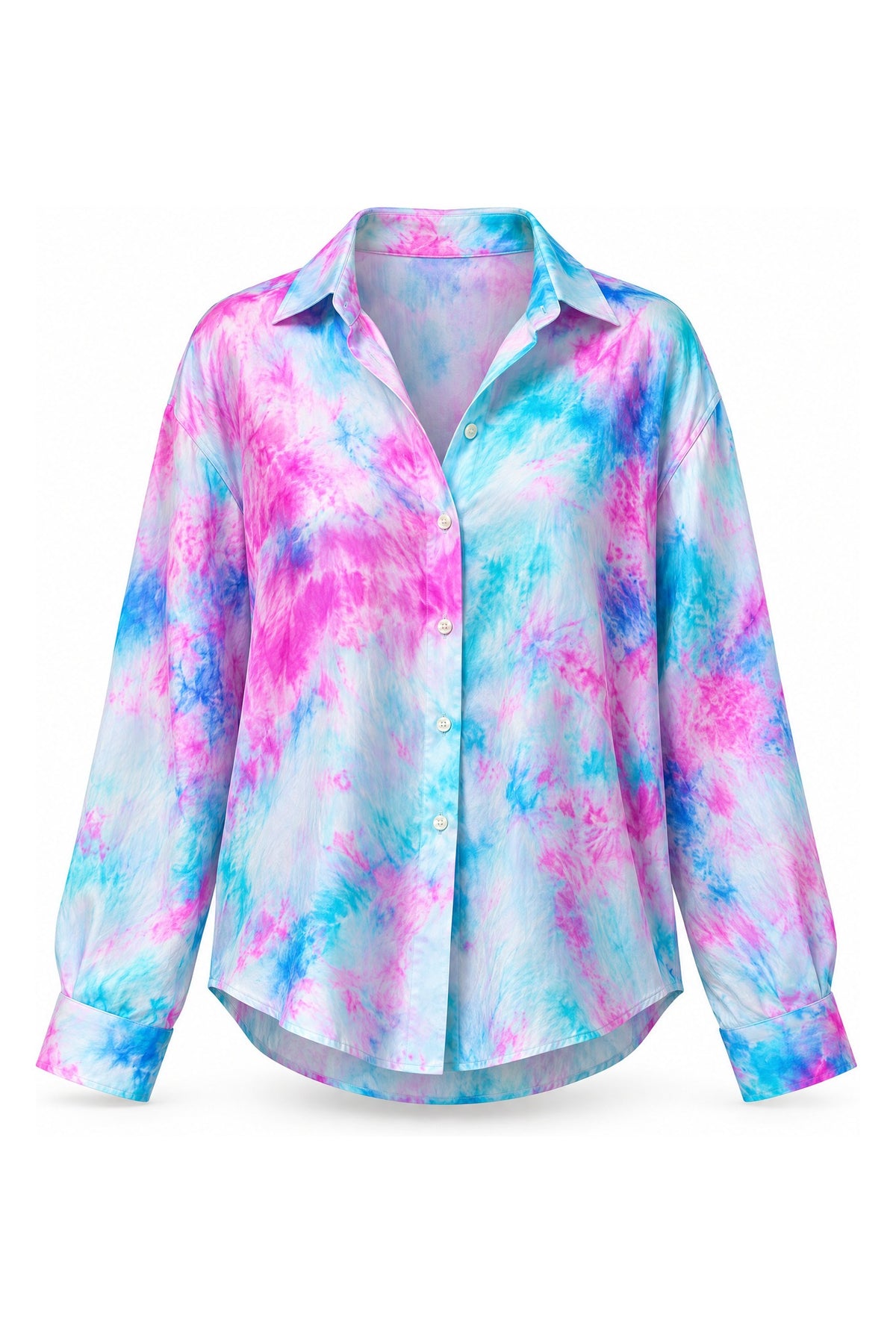 Lagoon Bloom hand tie-dyed habotai silk shirt in fuchsia and turquoise, ghost front view on white