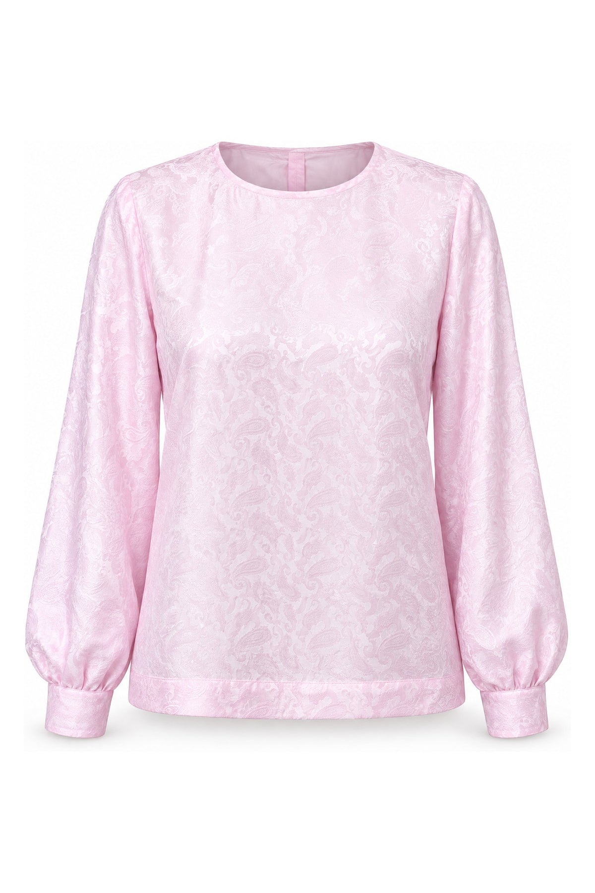 Rosalind blush pink paisley silk jacquard blouse, ghost front view on white, with full sleeves and buttoned cuffs