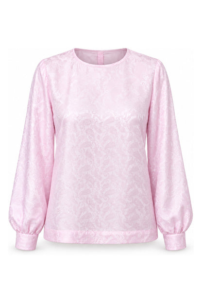 Rosalind blush pink paisley silk jacquard blouse, ghost front view on white, with full sleeves and buttoned cuffs
