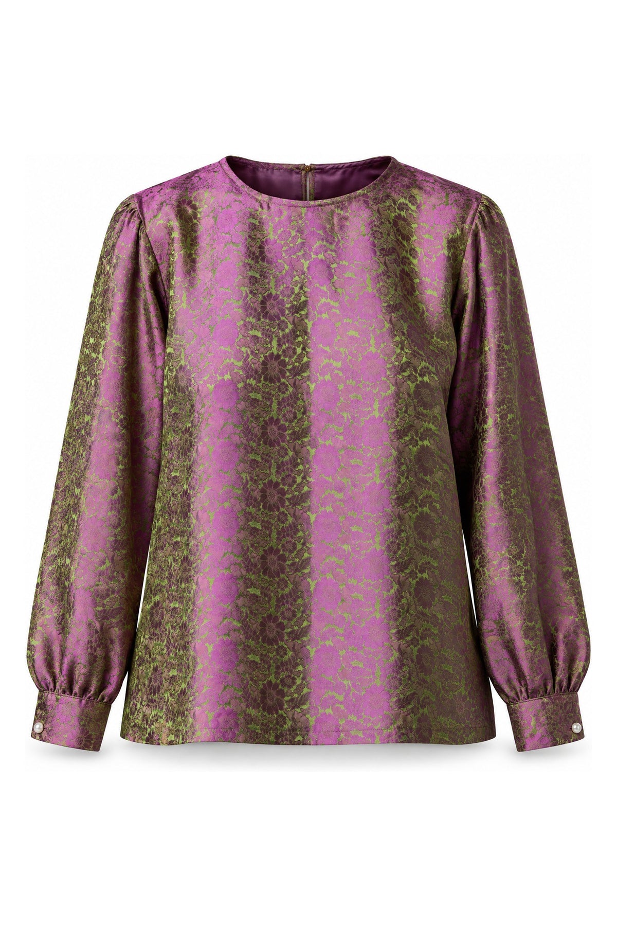 Rosalind magenta and olive floral silk jacquard blouse, ghost front view on white, full sleeves and buttoned cuffs