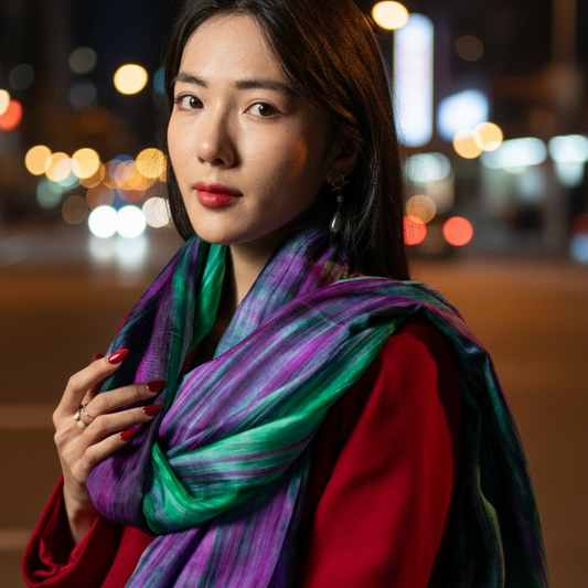 Emerald Violet Hand-Dyed Mulberry Silk Scarf – Lightweight Sheer Shawl | Luxury Evening Wrap | Artisan Gift for Her