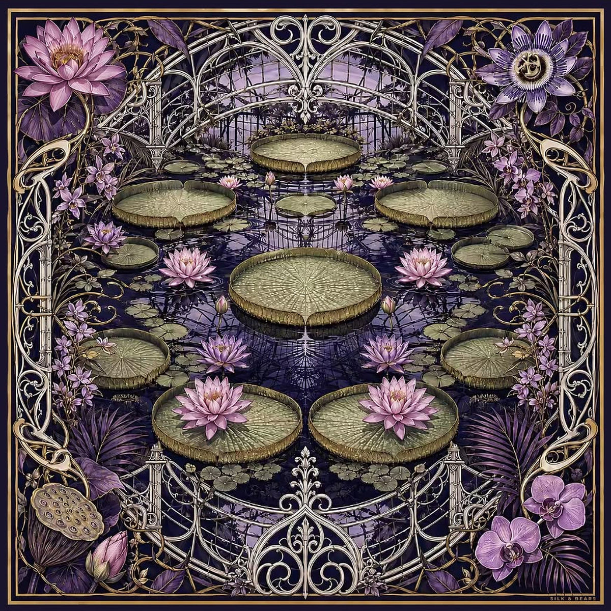 Water lily and glasshouse printed wool silk scarf in midnight purple, lilac and gold