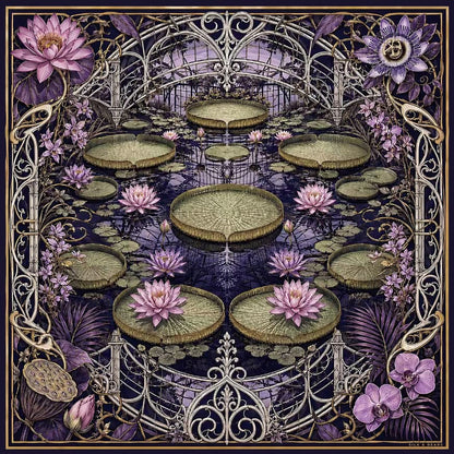 Water lily and glasshouse printed wool silk scarf in midnight purple, lilac and gold